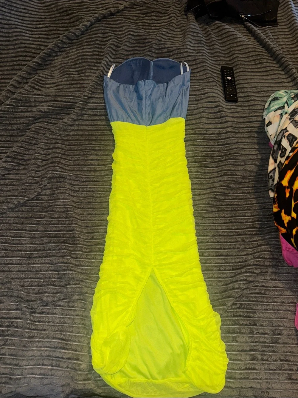 SHEIN Strapless Two-Tone Ruched Bodycon Dress in Light Blue and Neon Yellow